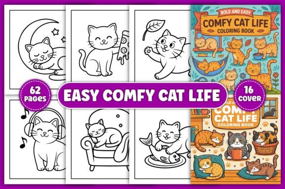 Adorable Easy Comfy Cat Life Coloring Pages