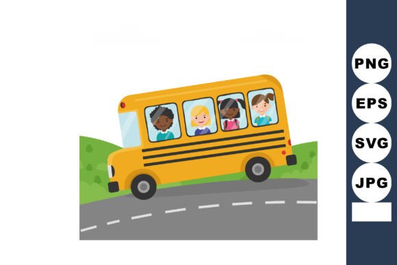Cheerful School Bus with Diverse Kids Embroidery