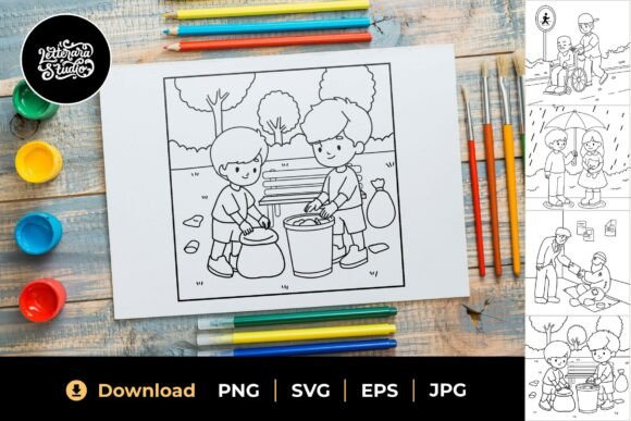 Helping Friends Coloring Sheet 01: A Joyful Embroidery Design