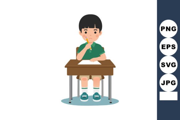 Thoughtful Boy at School Desk: A Calm Embroidery Design